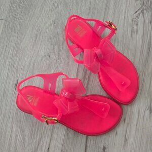 mini melissa | mel 'solar flare' neon pink monochrome bow sandals shoes | kids 2